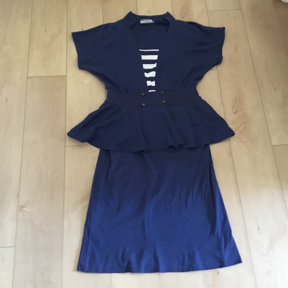 Vintage Structured Peplum Midi Dress in Navy